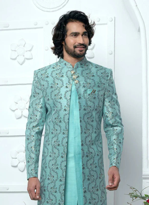Men's Firozi Jacquard Silk Embroidery Indo Western Set
