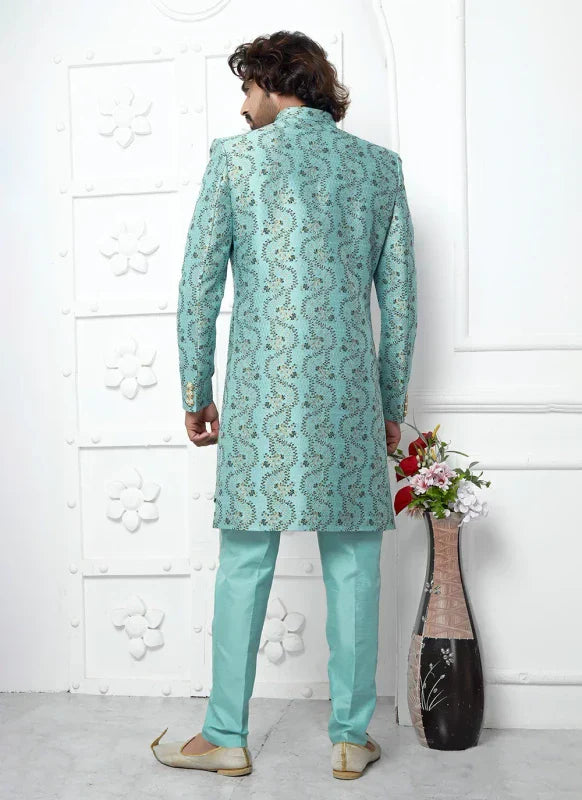 Men's Firozi Jacquard Silk Embroidery Indo Western Set