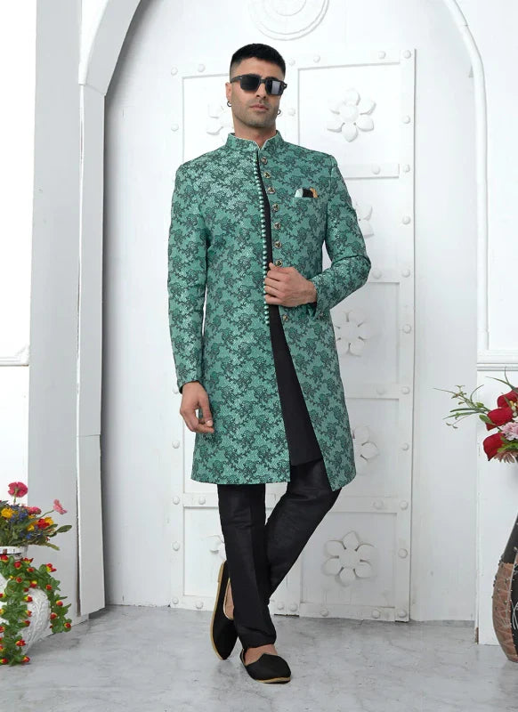 Men's Teal Green Jacquard Silk Embroidery Indo Western Set