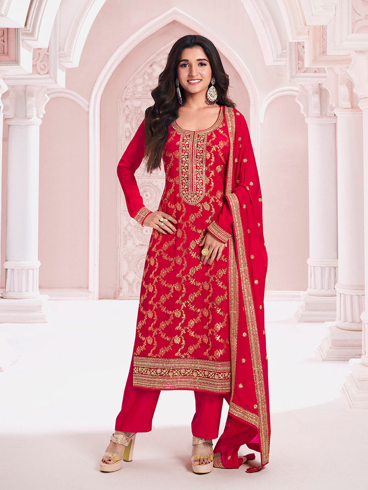 Red Chinon Fabbric with Floral Jaal and Sequins Embroidery Kurta Suit Set by Qivii