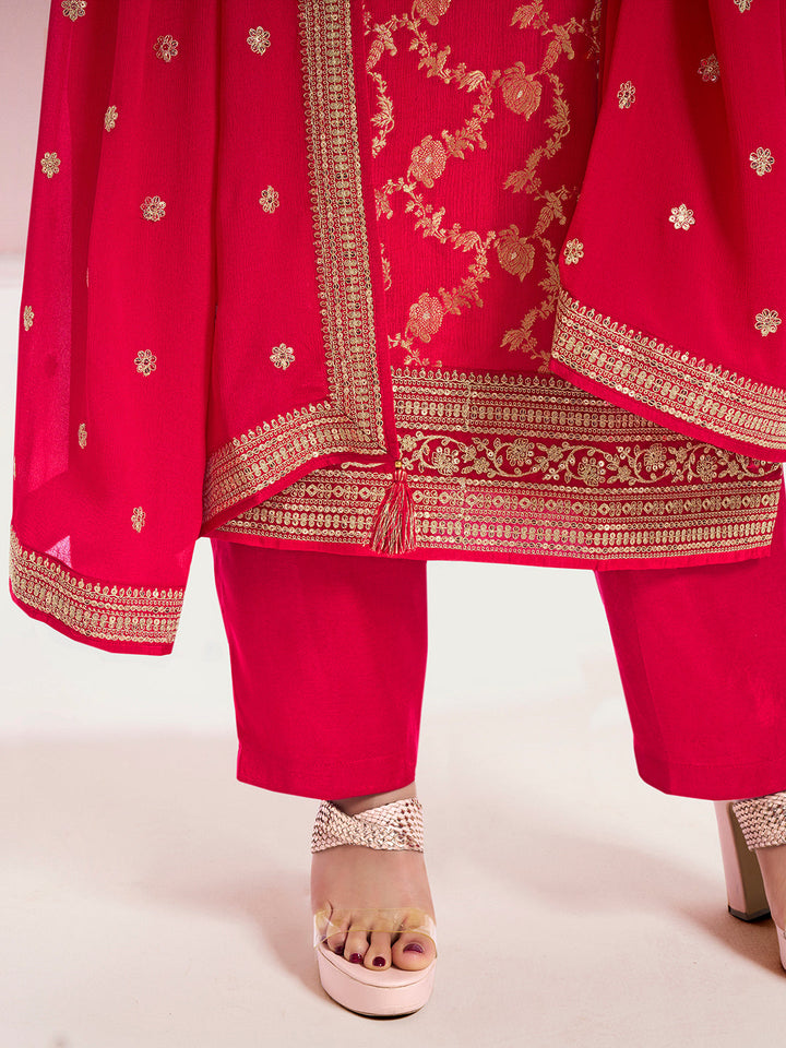 Red Chinon Fabbric with Floral Jaal and Sequins Embroidery Kurta Suit Set by Qivii