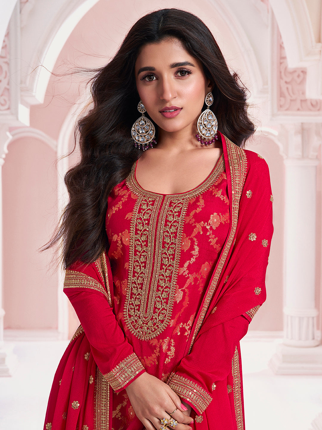 Red Chinon Fabbric with Floral Jaal and Sequins Embroidery Kurta Suit Set by Qivii