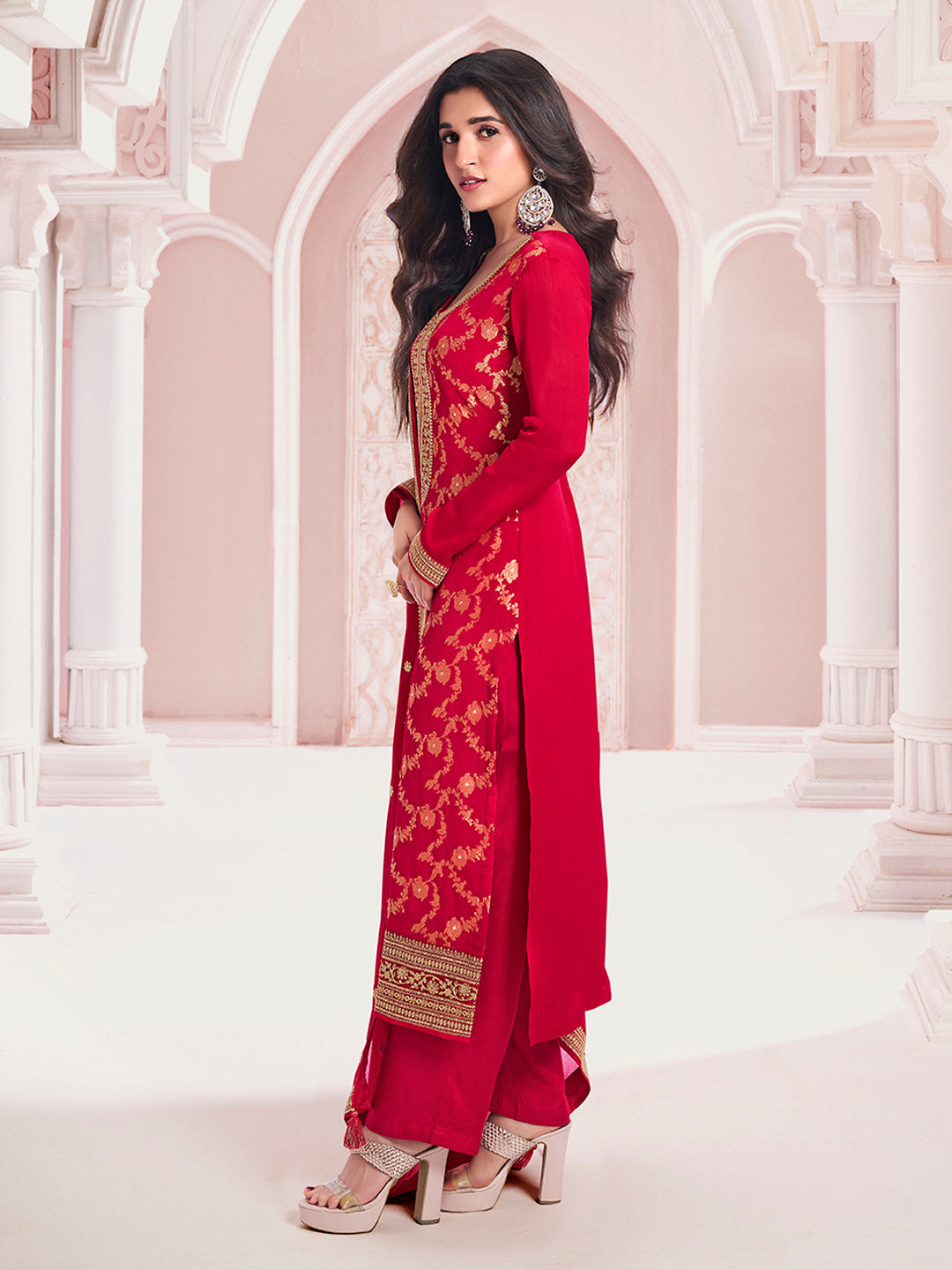 Red Chinon Fabbric with Floral Jaal and Sequins Embroidery Kurta Suit Set by Qivii