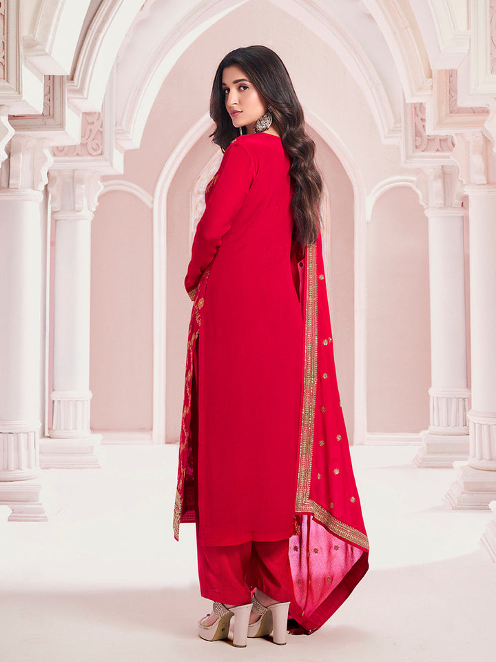 Red Chinon Fabbric with Floral Jaal and Sequins Embroidery Kurta Suit Set by Qivii