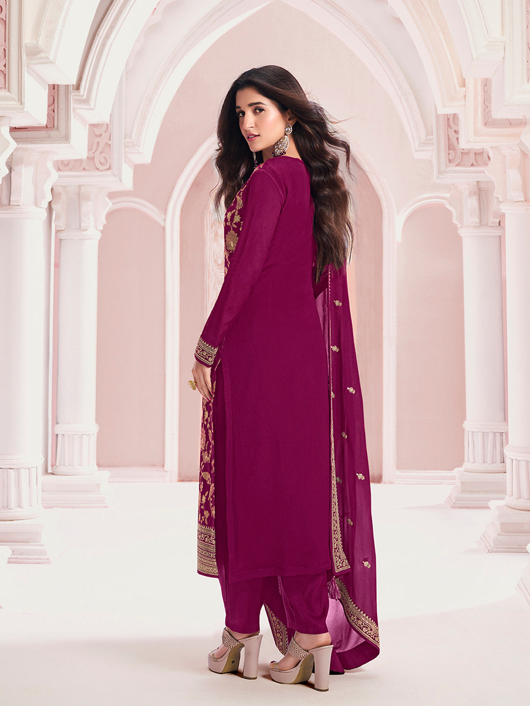 Wine Chinon Fabbric with Floral Jaal and Sequins Embroidery Kurta Suit Set by Qivii