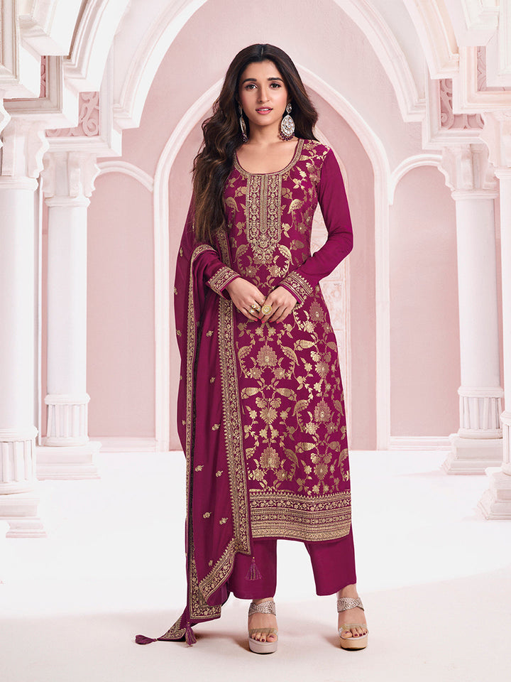 Wine Chinon Fabbric with Floral Jaal and Sequins Embroidery Kurta Suit Set by Qivii