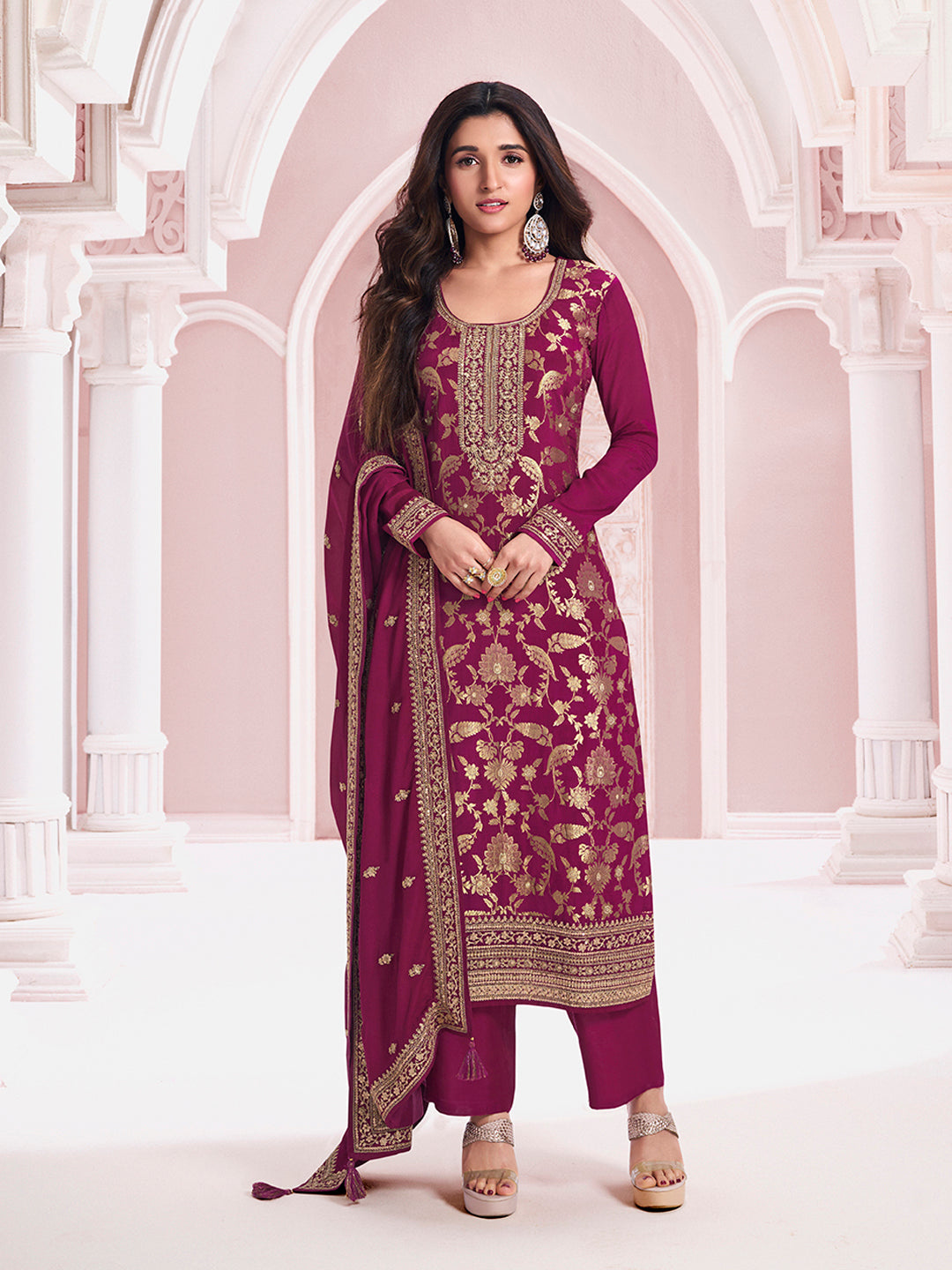 Wine Chinon Fabbric with Floral Jaal and Sequins Embroidery Kurta Suit Set - qivii