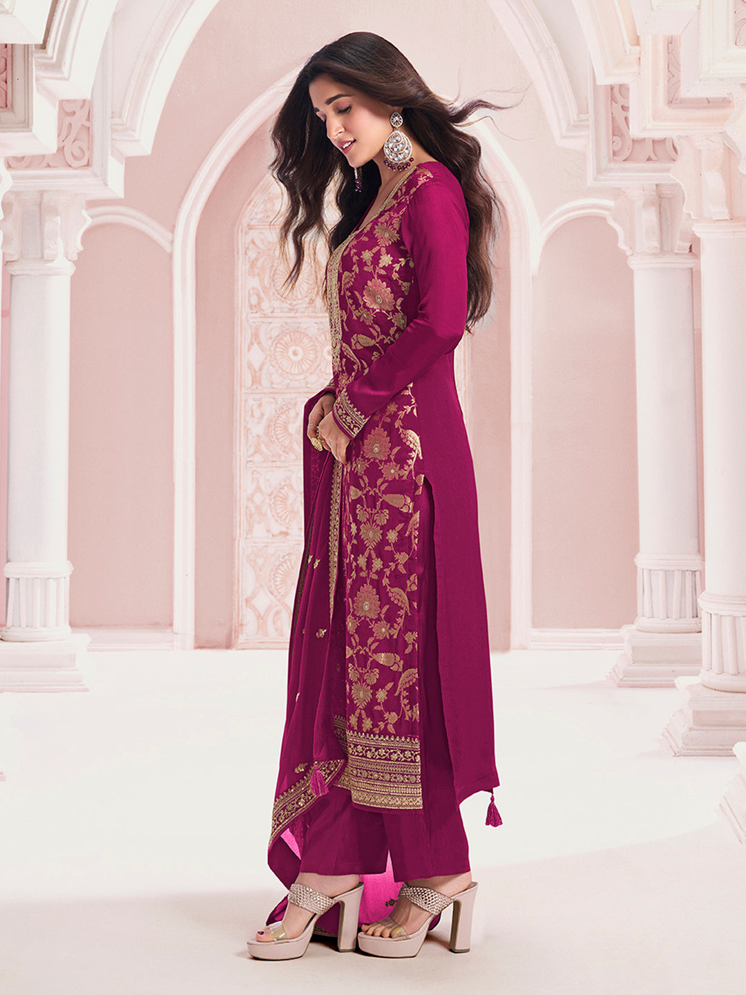 Wine Chinon Fabbric with Floral Jaal and Sequins Embroidery Kurta Suit Set by Qivii