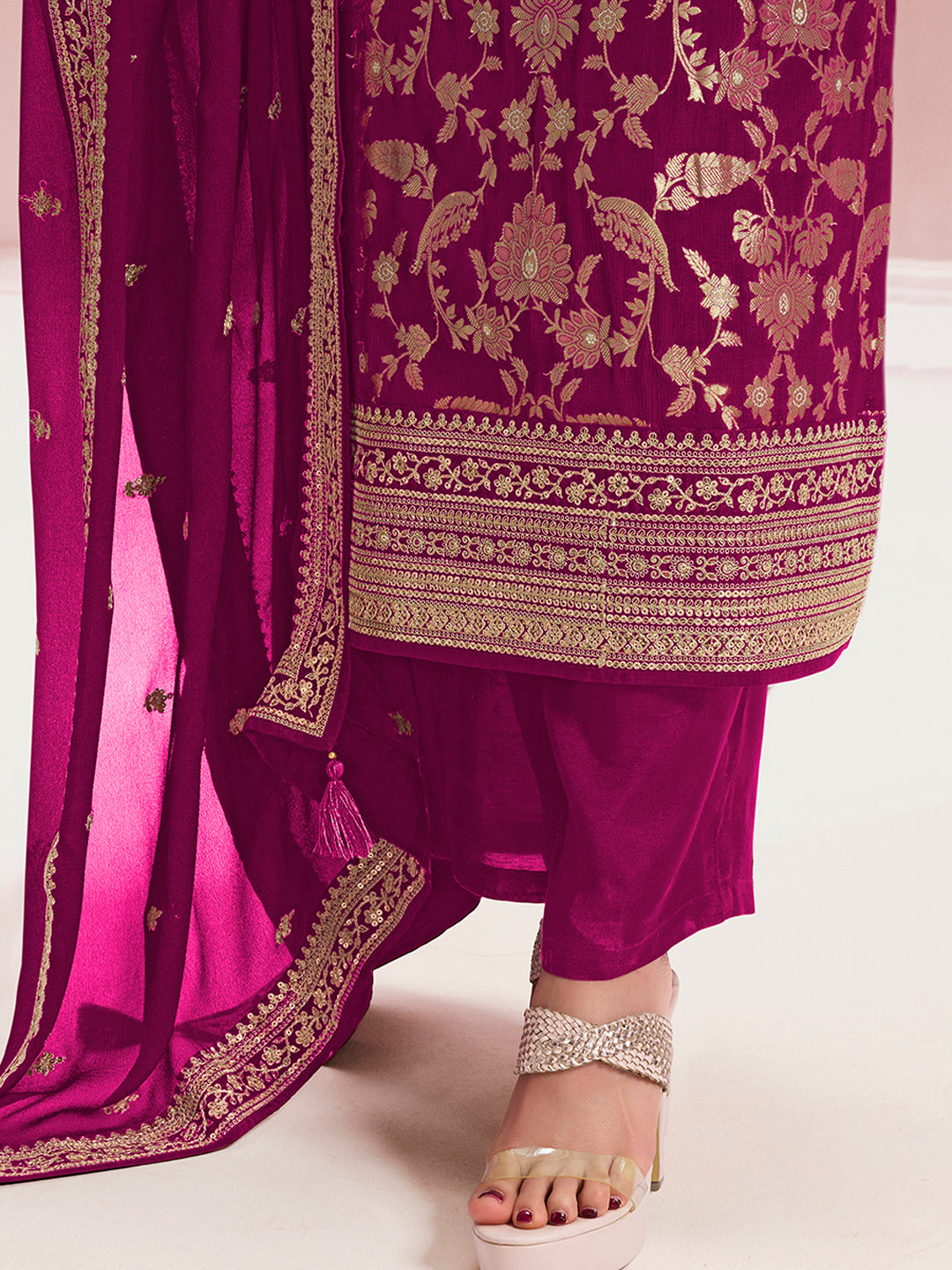 Wine Chinon Fabbric with Floral Jaal and Sequins Embroidery Kurta Suit Set by Qivii