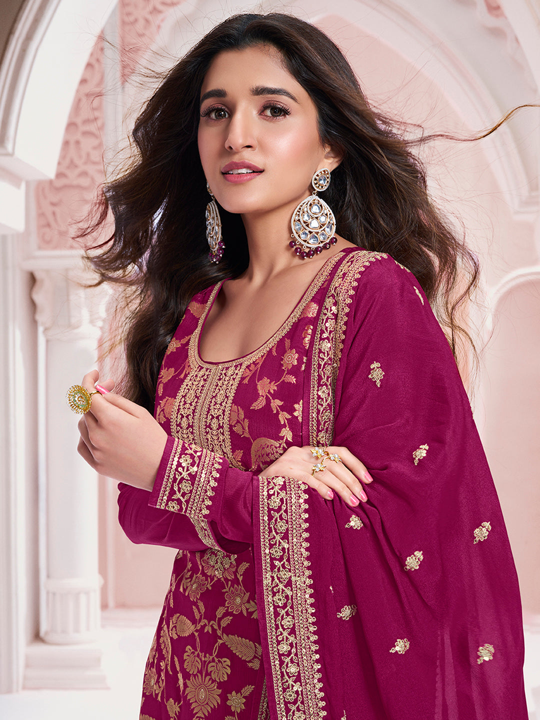 Wine Chinon Fabbric with Floral Jaal and Sequins Embroidery Kurta Suit Set by Qivii