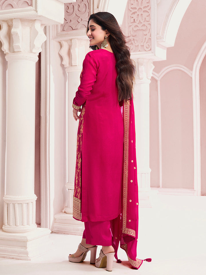 Hot Pink Chinon Fabbric with Floral Jaal and Sequins Embroidery Kurta Suit Set by Qivii