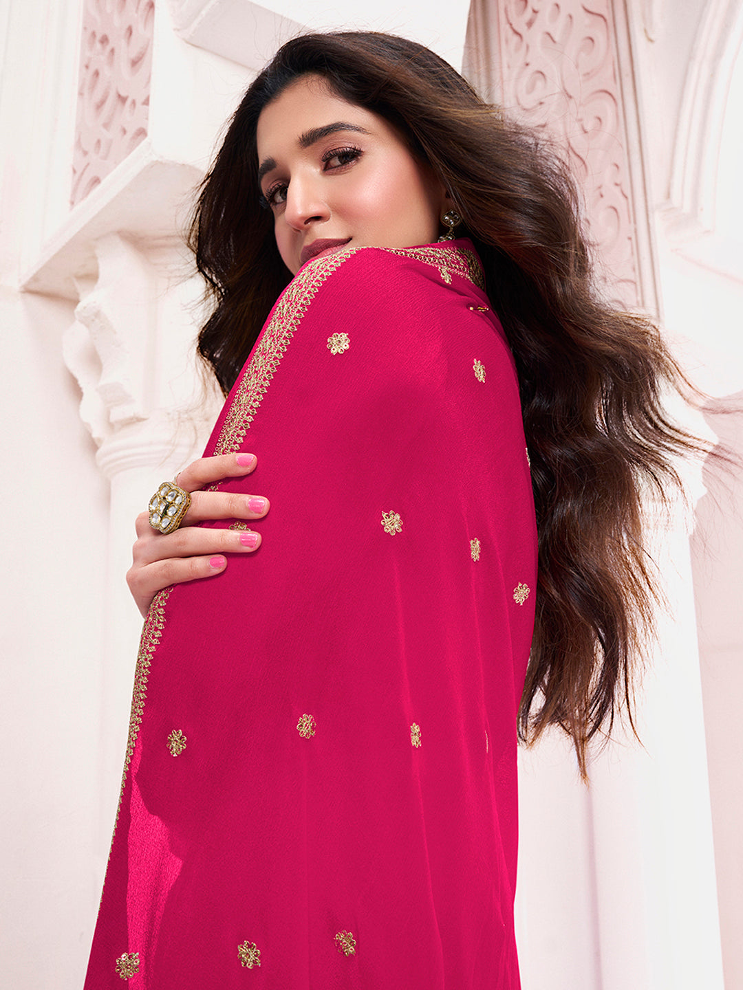 Hot Pink Chinon Fabbric with Floral Jaal and Sequins Embroidery Kurta Suit Set by Qivii