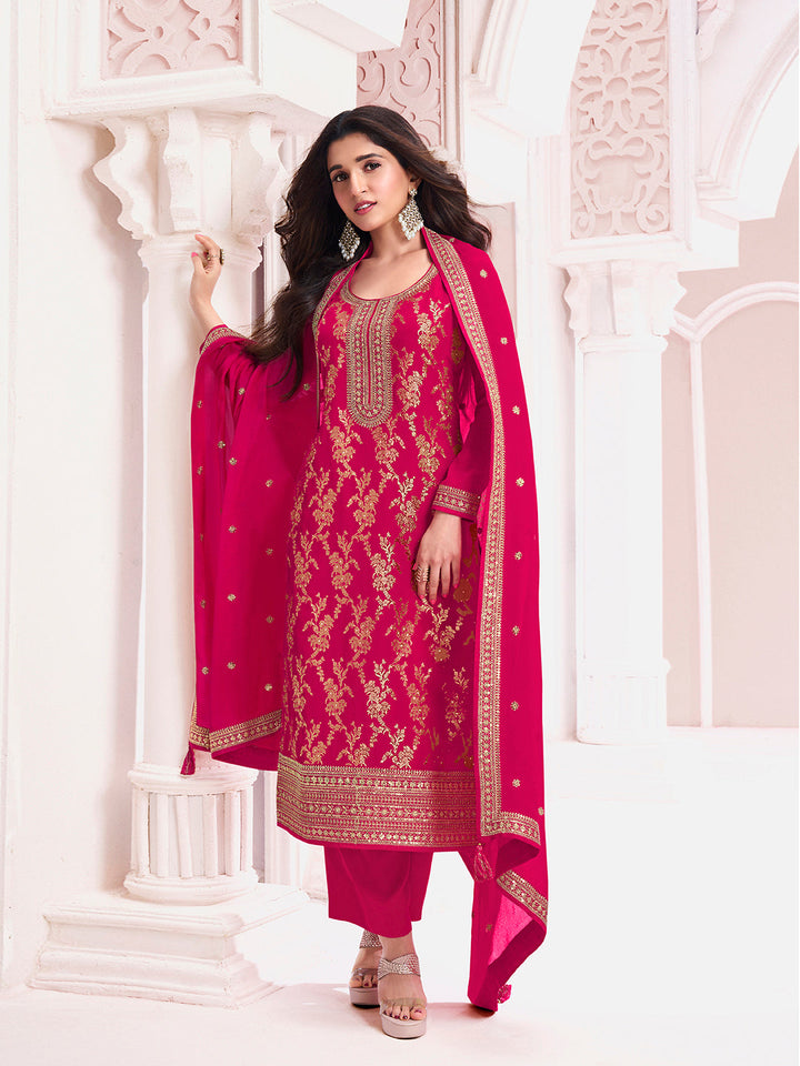 Hot Pink Chinon Fabbric with Floral Jaal and Sequins Embroidery Kurta Suit Set by Qivii