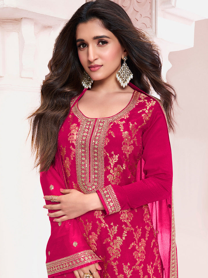 Hot Pink Chinon Fabbric with Floral Jaal and Sequins Embroidery Kurta Suit Set by Qivii