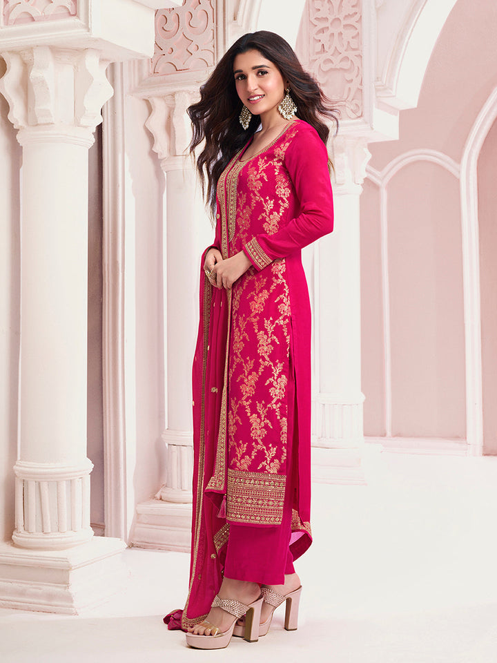 Hot Pink Chinon Fabbric with Floral Jaal and Sequins Embroidery Kurta Suit Set by Qivii