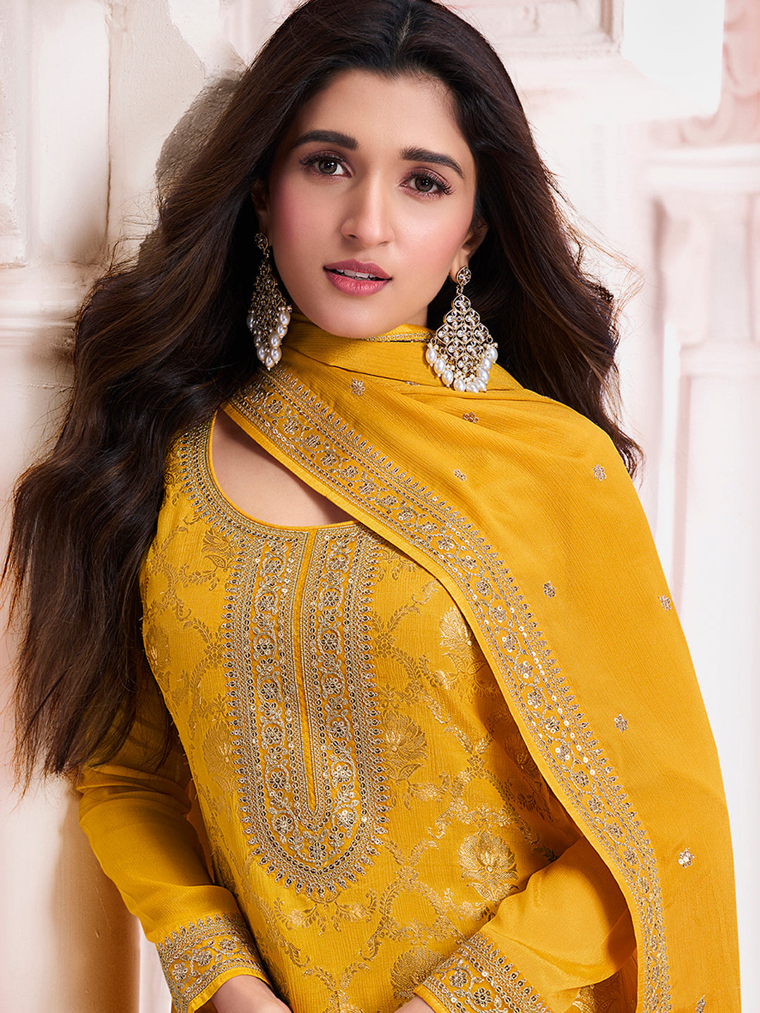 Yellow Chinon Fabbric with Floral Jaal and Sequins Embroidery Kurta Suit Set by Qivii