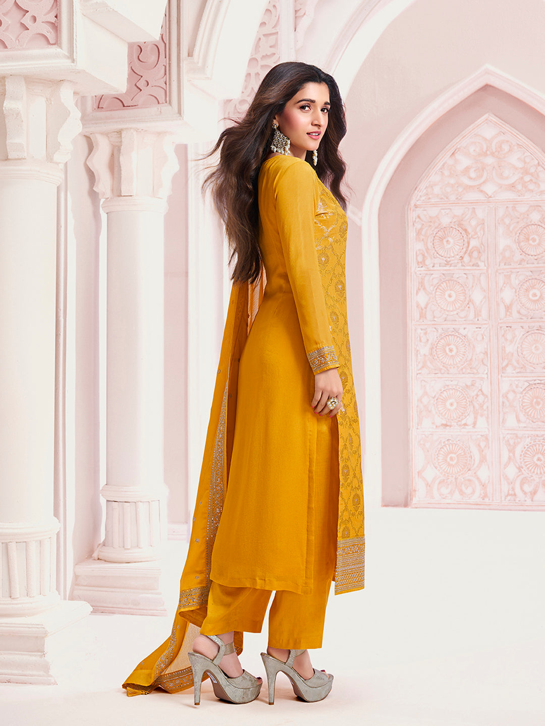 Yellow Chinon Fabbric with Floral Jaal and Sequins Embroidery Kurta Suit Set by Qivii