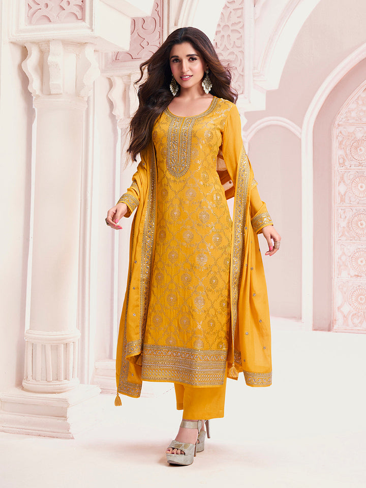 Yellow Chinon Fabbric with Floral Jaal and Sequins Embroidery Kurta Suit Set by Qivii