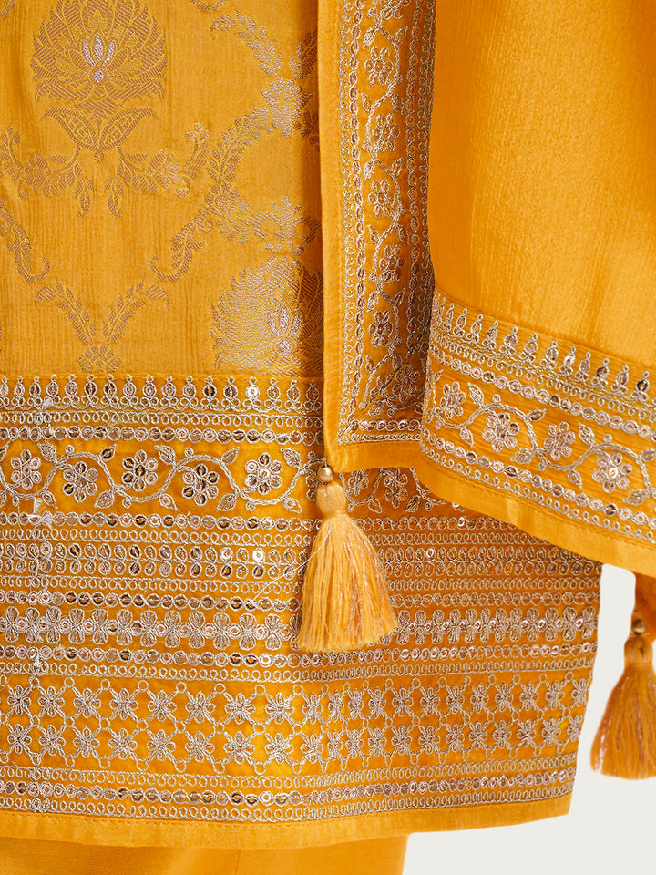 Yellow Chinon Fabbric with Floral Jaal and Sequins Embroidery Kurta Suit Set by Qivii