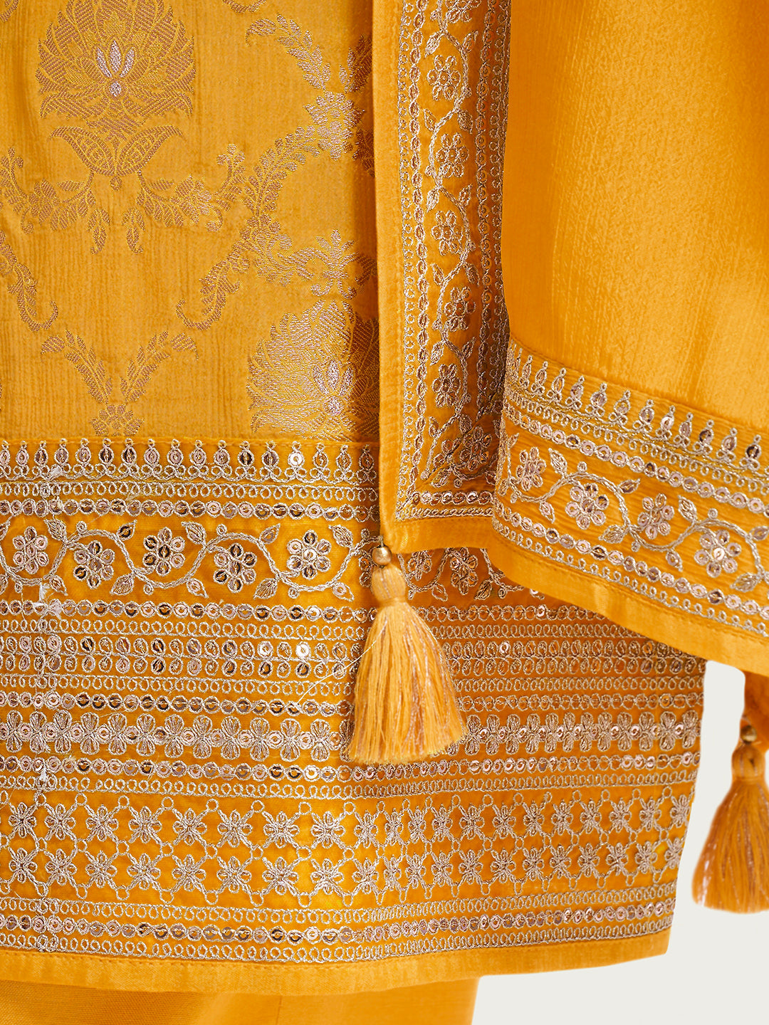 Yellow Chinon Fabric with Floral Jaal and Sequins Embroidery Kurta Suit Set - qivii