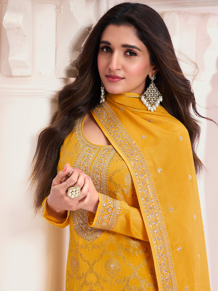 Yellow Chinon Fabbric with Floral Jaal and Sequins Embroidery Kurta Suit Set by Qivii