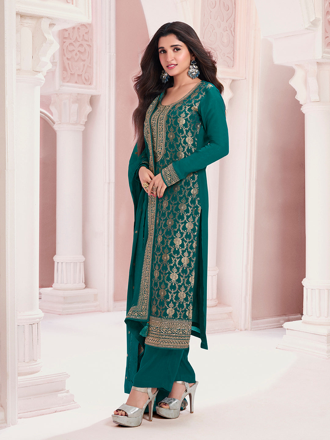 Green Chinon Fabbric with Floral Jaal and Sequins Embroidery Kurta Suit Set by Qivii