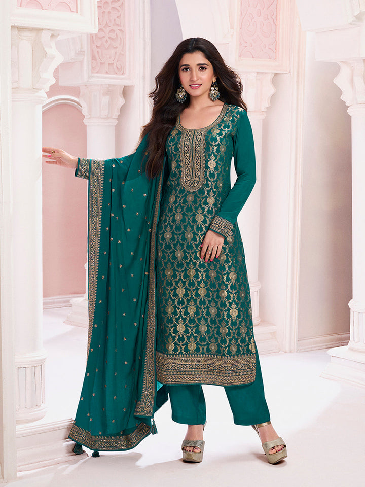 Green Chinon Fabbric with Floral Jaal and Sequins Embroidery Kurta Suit Set by Qivii