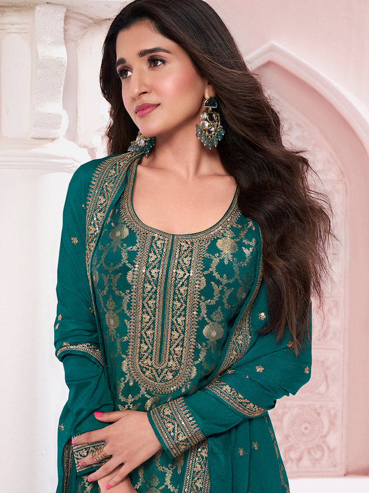 Green Chinon Fabbric with Floral Jaal and Sequins Embroidery Kurta Suit Set by Qivii