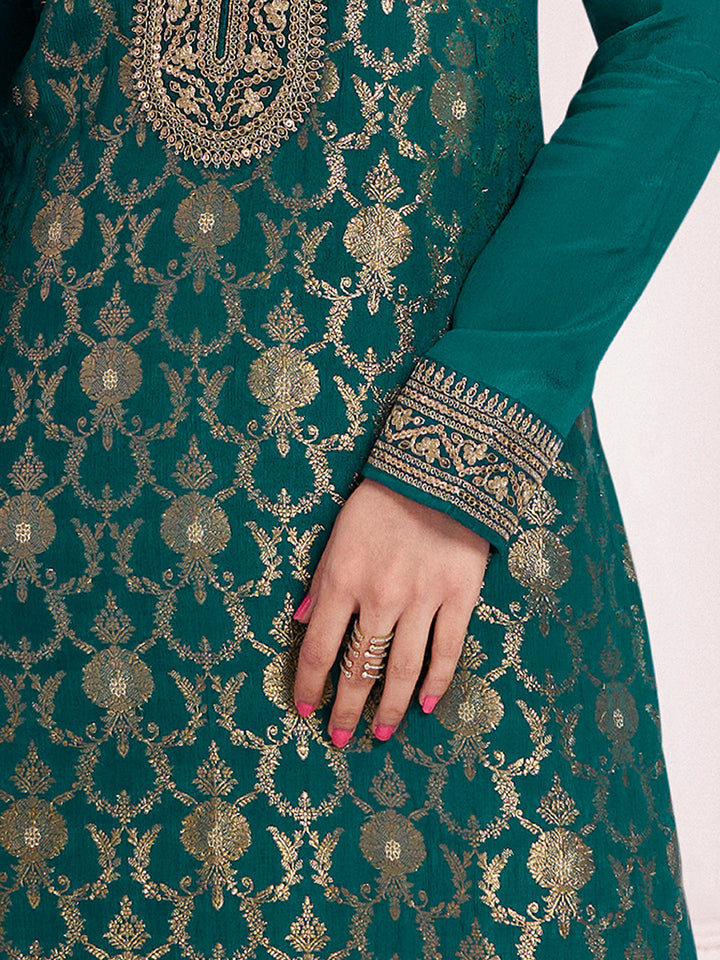 Green Chinon Fabbric with Floral Jaal and Sequins Embroidery Kurta Suit Set by Qivii