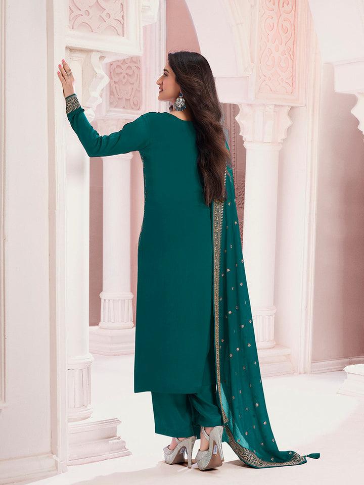 Green Chinon Fabbric with Floral Jaal and Sequins Embroidery Kurta Suit Set by Qivii