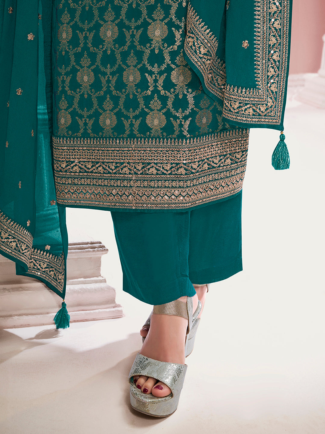 Green Chinon Fabbric with Floral Jaal and Sequins Embroidery Kurta Suit Set by Qivii