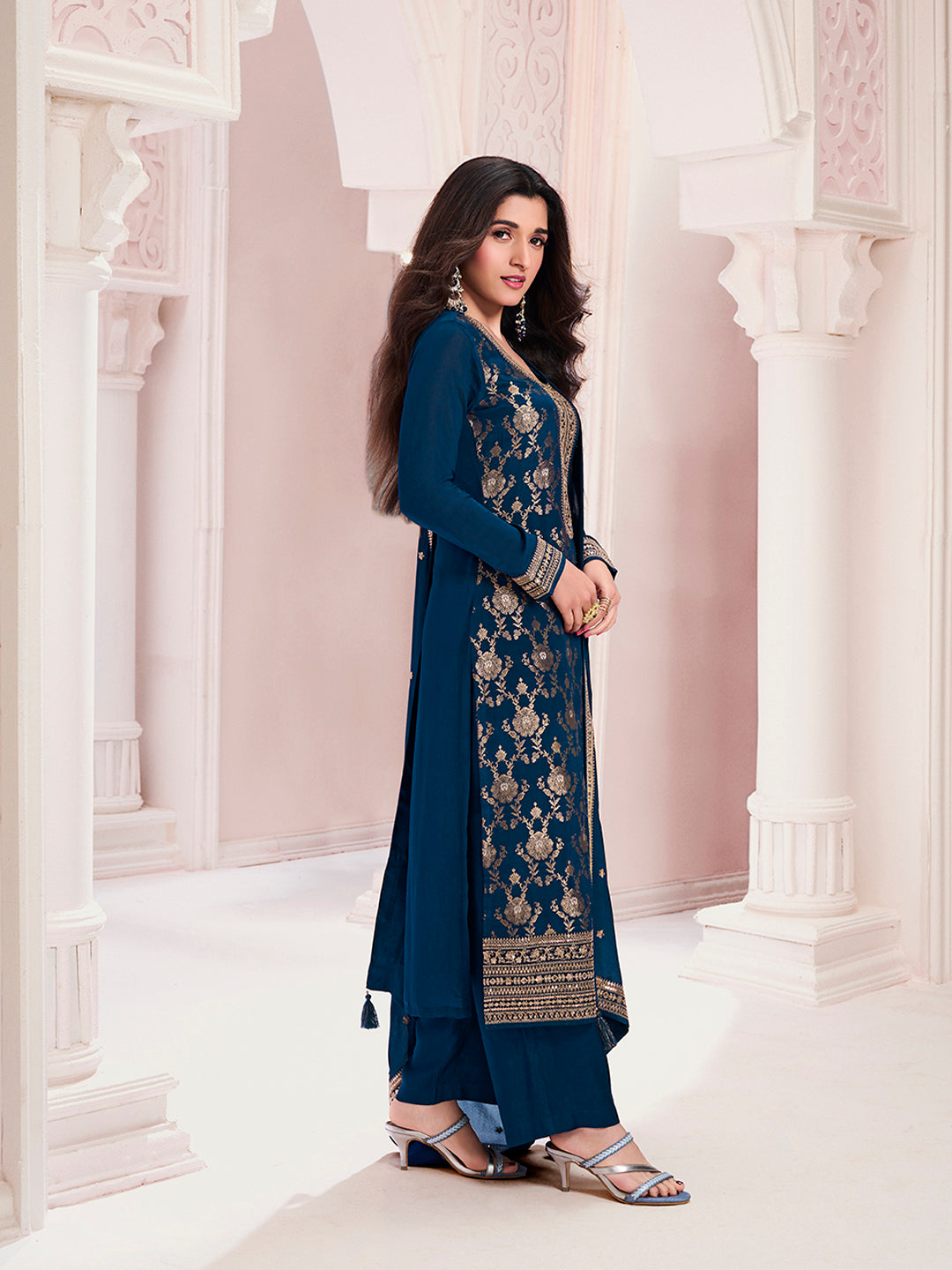 Navy Blue Chinon Fabbric with Floral Jaal and Sequins Embroidery Kurta Suit Set by Qivii