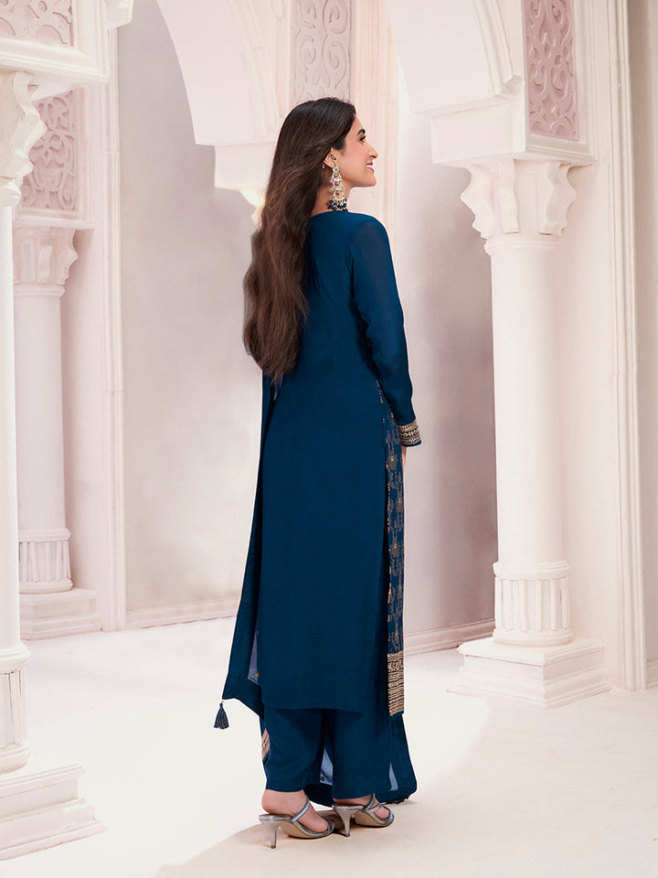 Navy Blue Chinon Fabbric with Floral Jaal and Sequins Embroidery Kurta Suit Set by Qivii