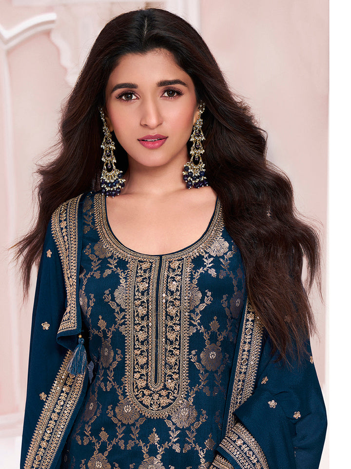 Navy Blue Chinon Fabbric with Floral Jaal and Sequins Embroidery Kurta Suit Set by Qivii