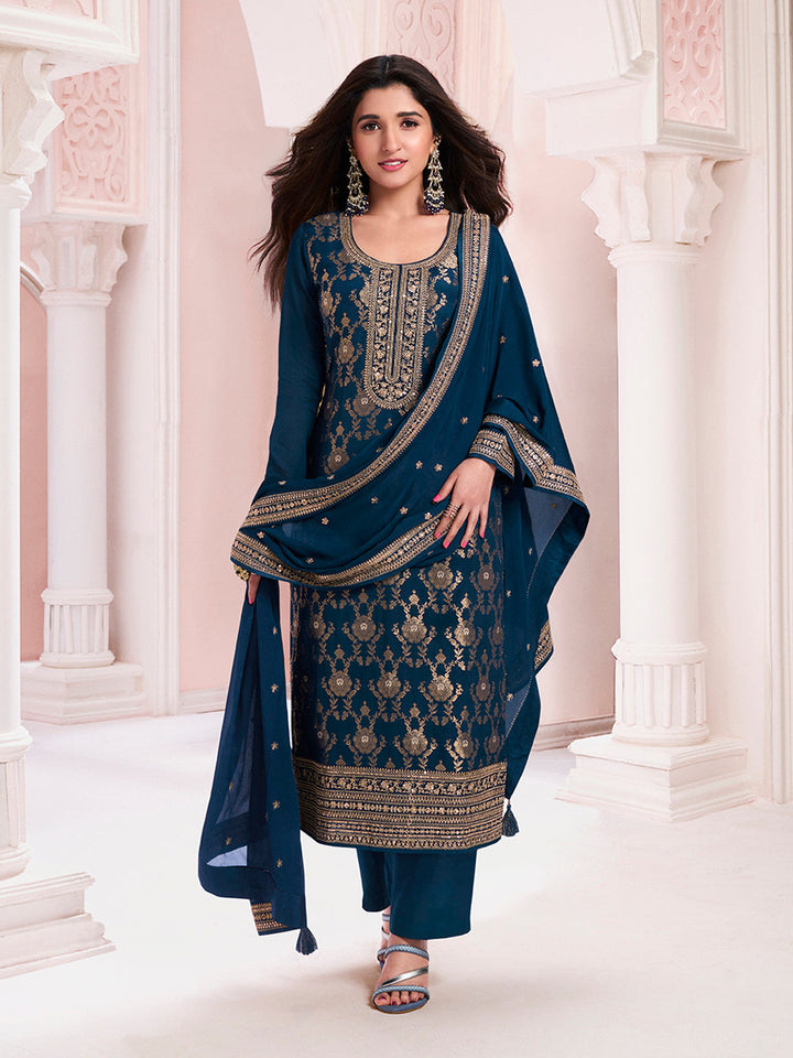 Navy Blue Chinon Fabbric with Floral Jaal and Sequins Embroidery Kurta Suit Set by Qivii