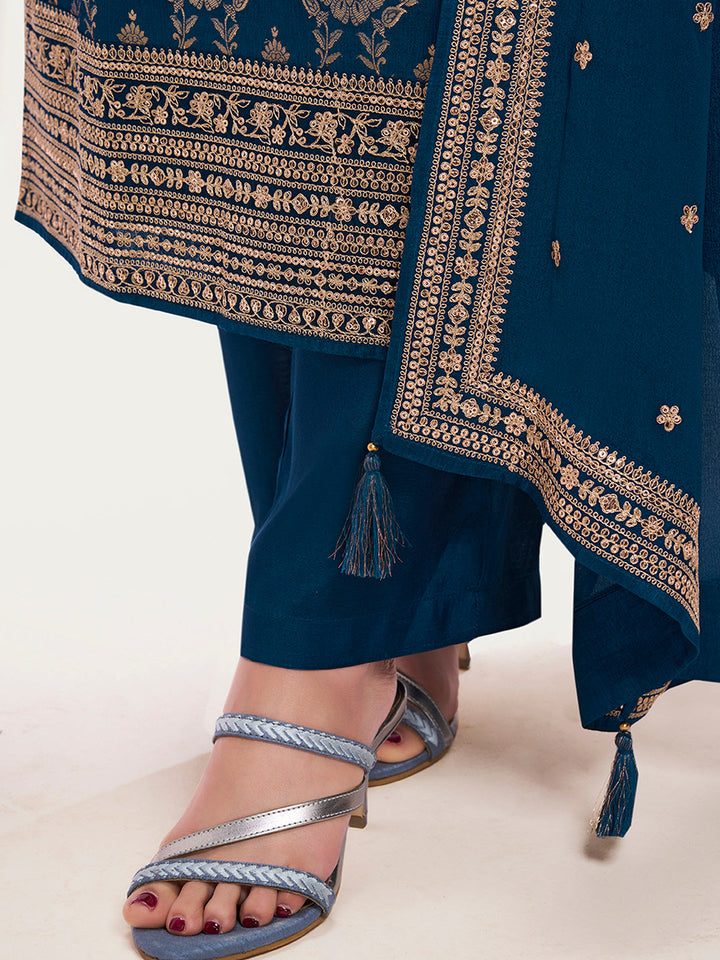 Navy Blue Chinon Fabbric with Floral Jaal and Sequins Embroidery Kurta Suit Set by Qivii