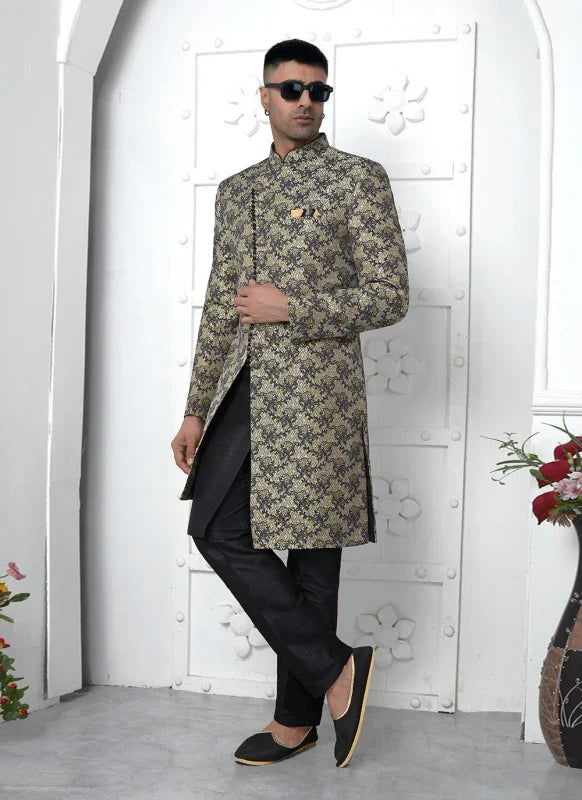 Men's Black Jacquard Silk Embroidery Indo Western Set