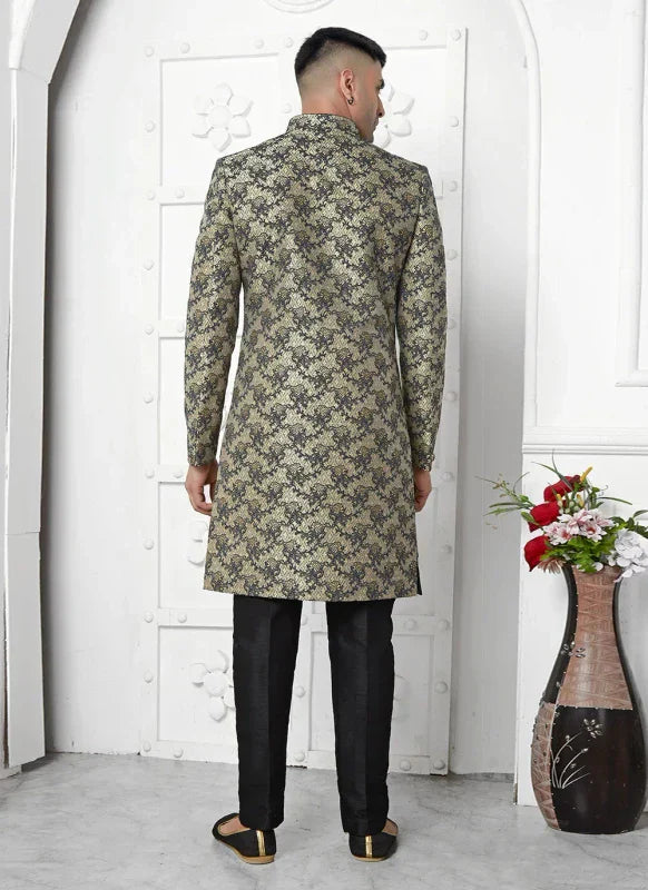 Men's Black Jacquard Silk Embroidery Indo Western Set