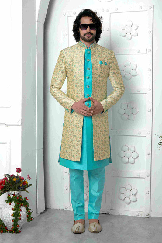 Men's Beige Pista Green Jacquard Silk Embroidery Indo Western Set