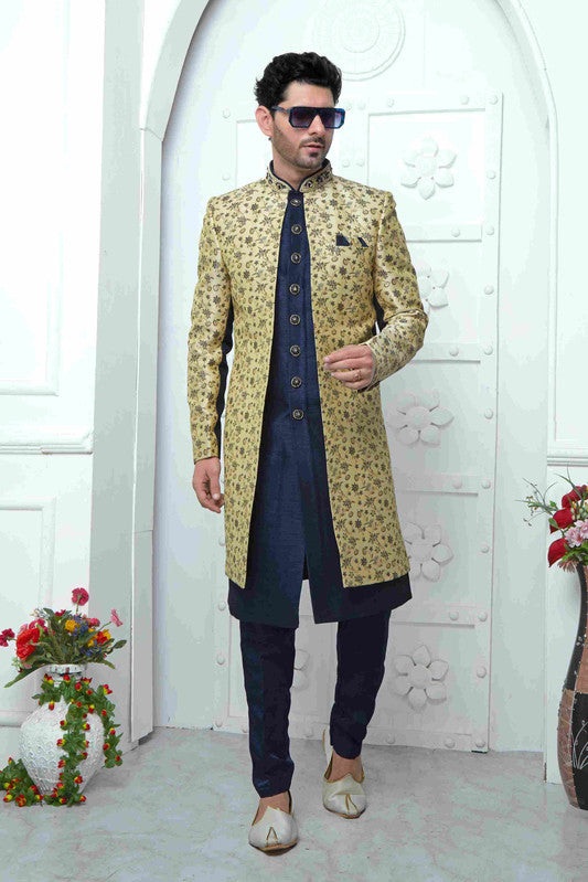 Men's Beige Blue Jacquard Silk Embroidery Indo Western Set