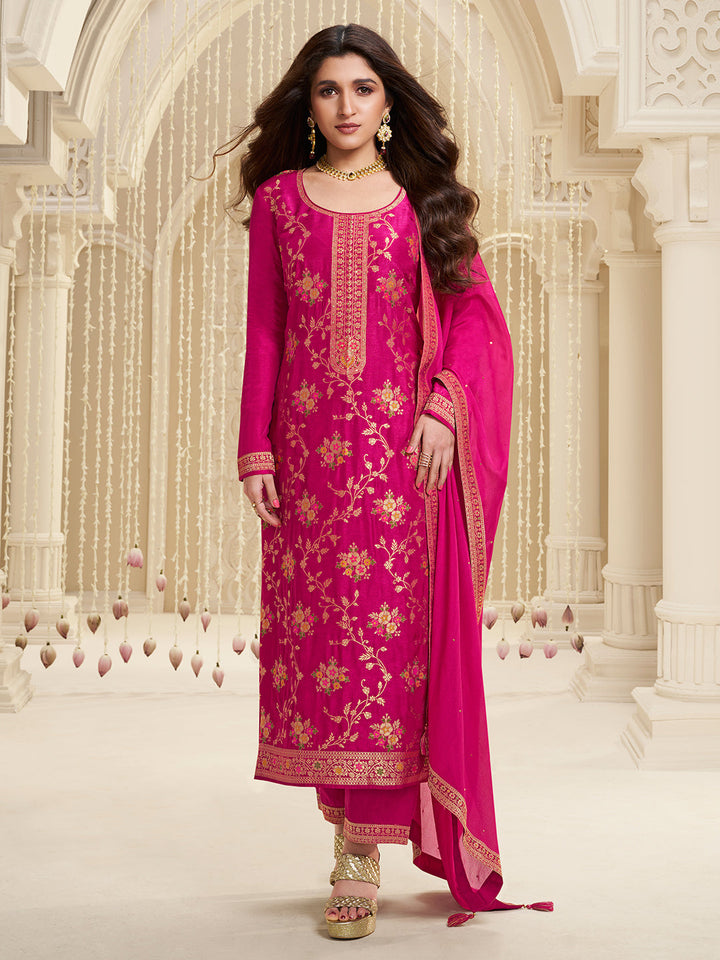 Hot Pink Meena Jacquard Kurta Suit Set by Qivii