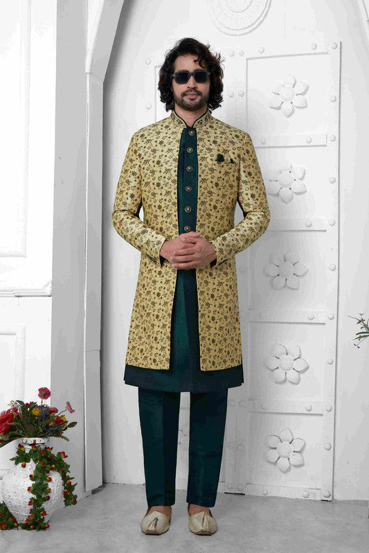 Men's Beige Green Jacquard Silk Embroidery Indo Western Set