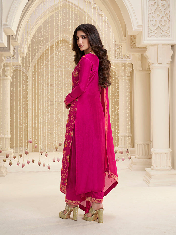 Hot Pink Meena Jacquard Kurta Suit Set by Qivii