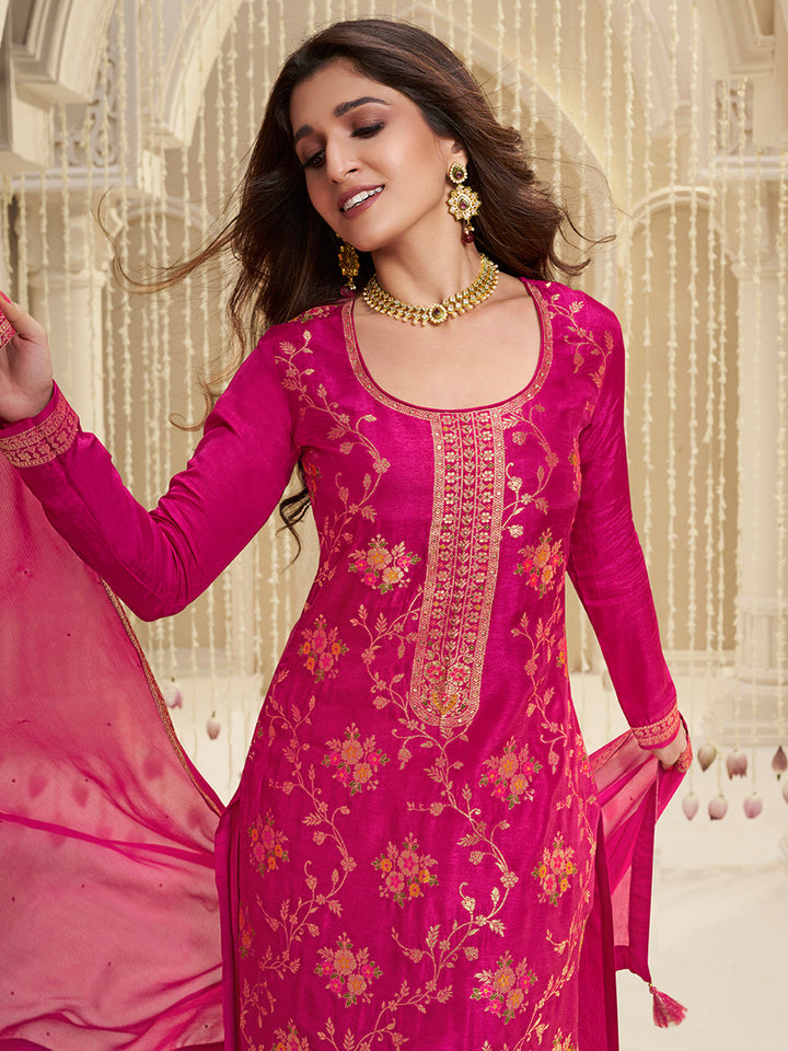 Hot Pink Meena Jacquard Kurta Suit Set by Qivii