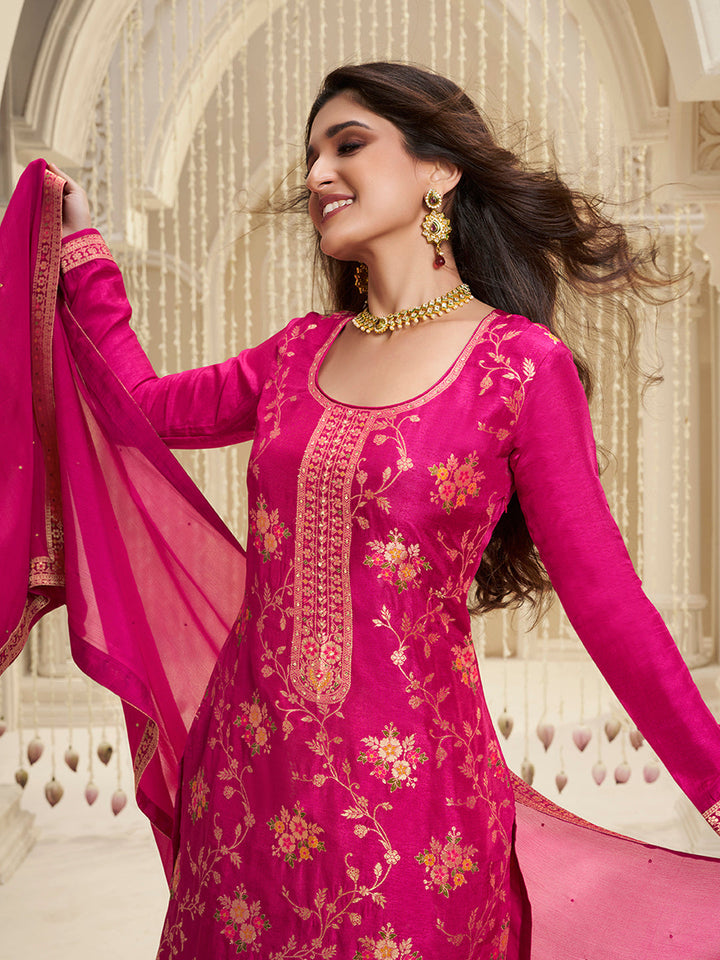 Hot Pink Meena Jacquard Kurta Suit Set by Qivii