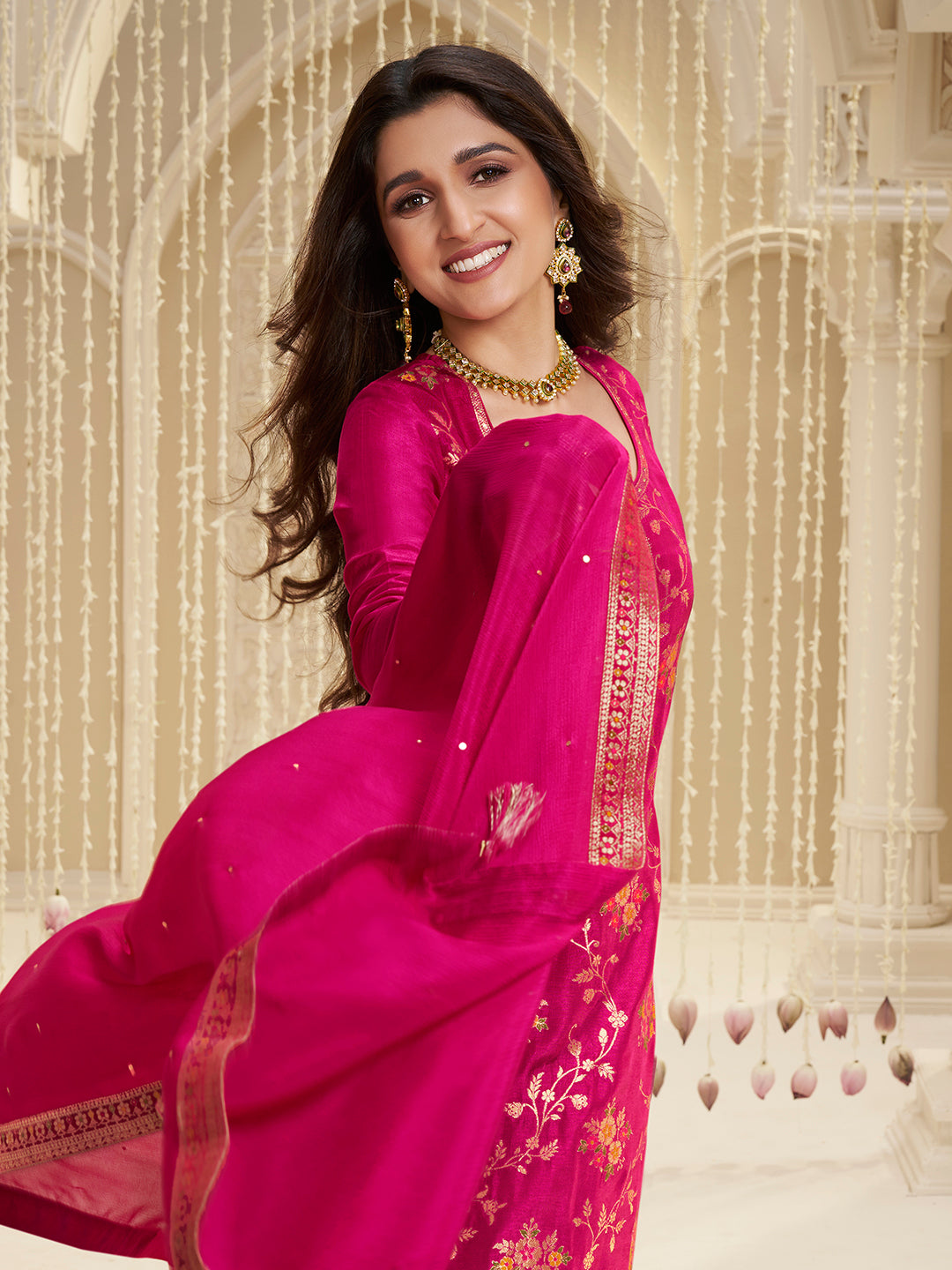 Hot Pink Meena Jacquard Kurta Suit Set by Qivii