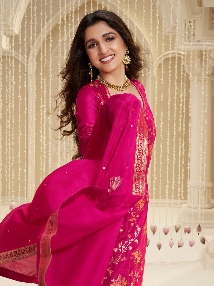 Hot Pink Meena Jacquard Kurta Suit Set by Qivii