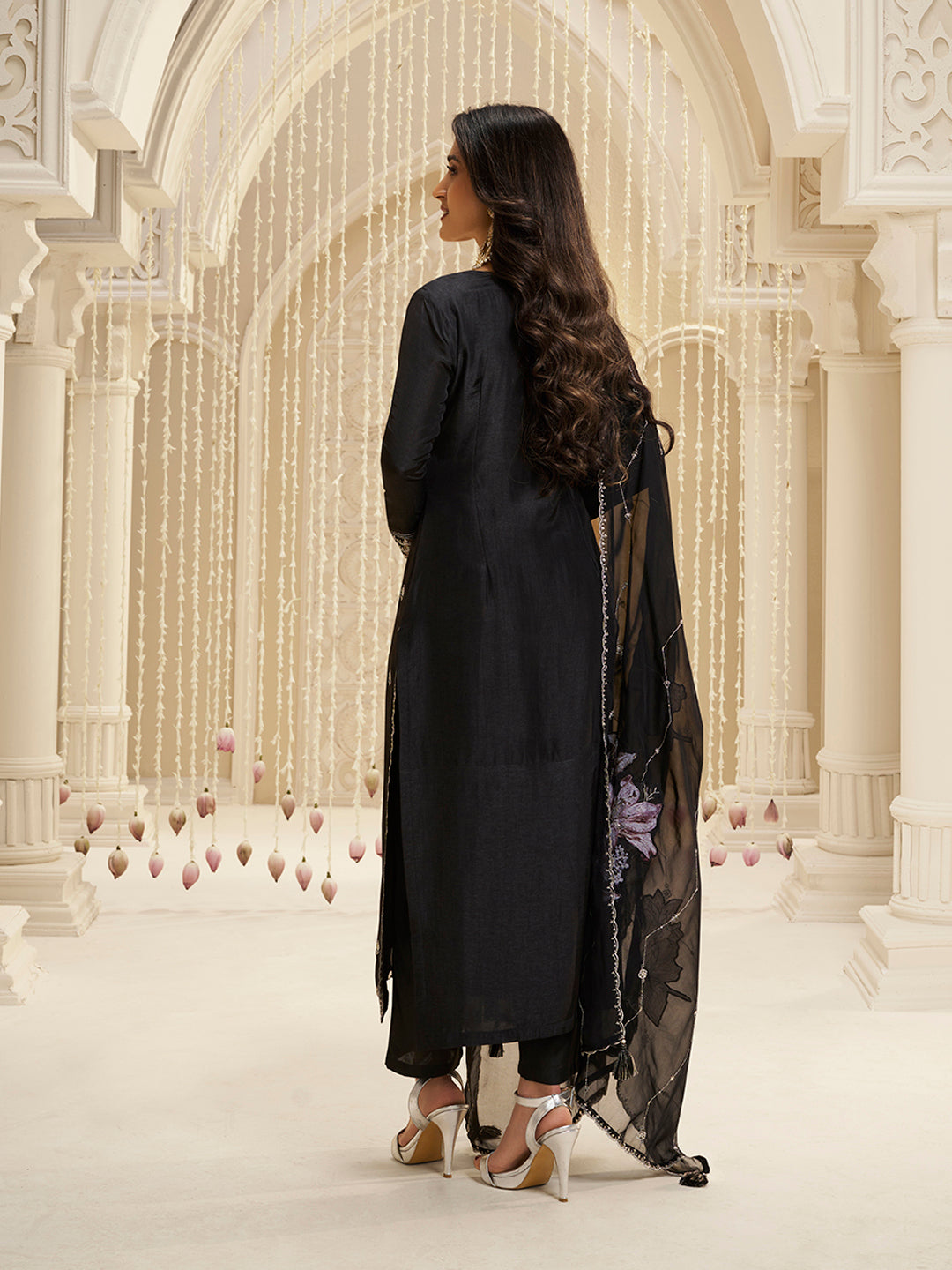 Black Cutwork Neckline Dola Silk Kurta Suit Set with Floral Aplique Dupatta by Qivii