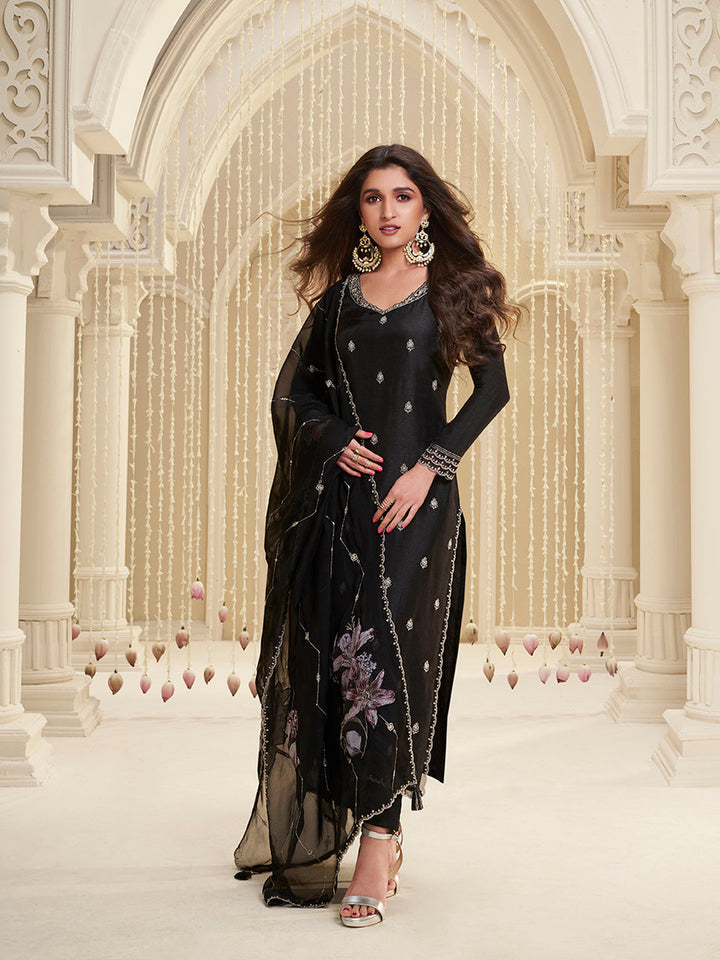 Black Cutwork Neckline Dola Silk Kurta Suit Set with Floral Aplique Dupatta by Qivii