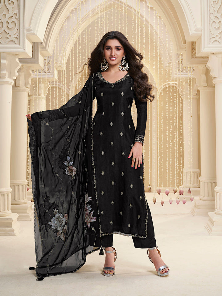 Black Cutwork Neckline Dola Silk Kurta Suit Set with Floral Aplique Dupatta by Qivii